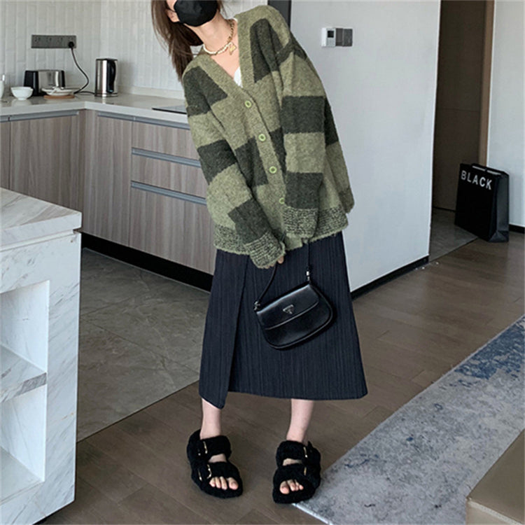 Slim Green Plaid Contrast Knit Women