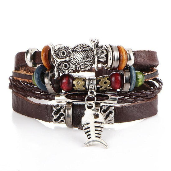 Beaded Owl & Color Stone Multi-Layer Leather Bracelet – Retro Punk Style