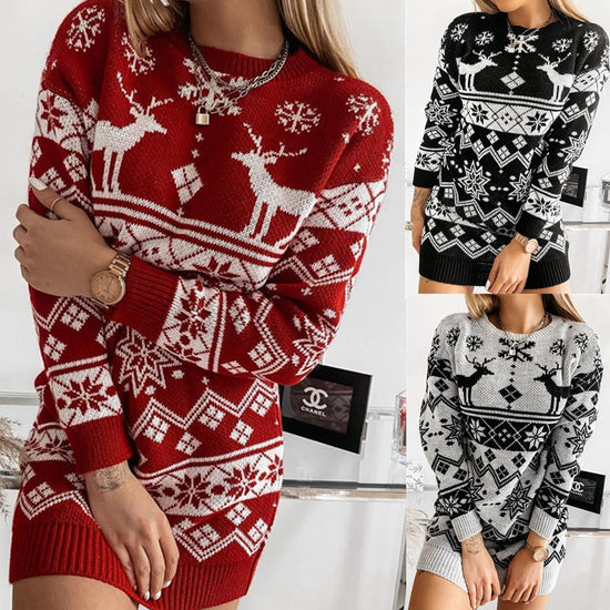 Snowflake Christmas Jacquard Knitted Dress Long Knitted Sweaters Elk