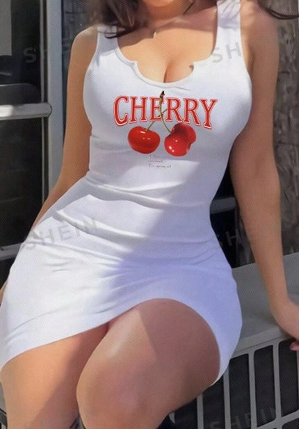 Cherry Pattern V-Neck Sleeveless Mini Dress – Casual Summer Style