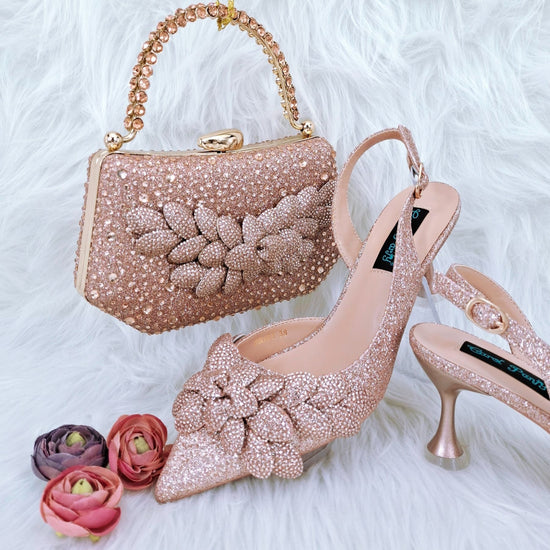 Elegant Party Set - Handmade Leaf Design Shoes & Bag with Wine Glass Heels