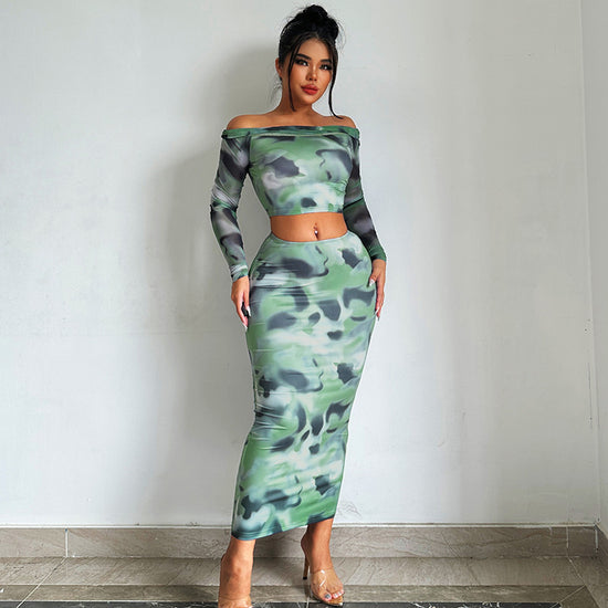 European & American Style Off-Neck Long Sleeve T-Shirt & Slim-Fit Sheath Skirt