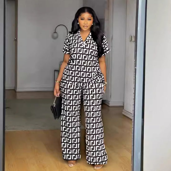Chic V-Neck Printed Two-Piece Set with Wide-Leg Pants