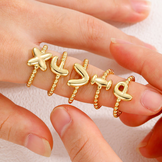 18K Gold Glossy Balloon Letter Rings – 26 Customizable Brass Fashion Jewelry (A-Z)