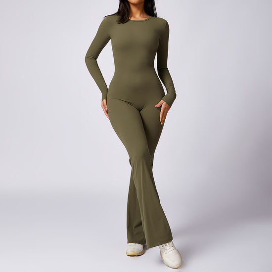 Leisure Horn Long Sleeve Yoga Jumpsuit – Quick-Drying Tight Fit for Women